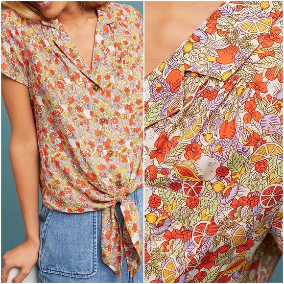 Anthropologie Maeve Citrus Fruit Floral Bateau Button Down Top - Picture 1 of 6